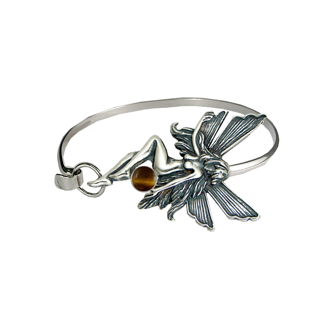 Sterling Silver Fairy Strap Latch Spring Hook Bangle Bracelet With Tiger Eye